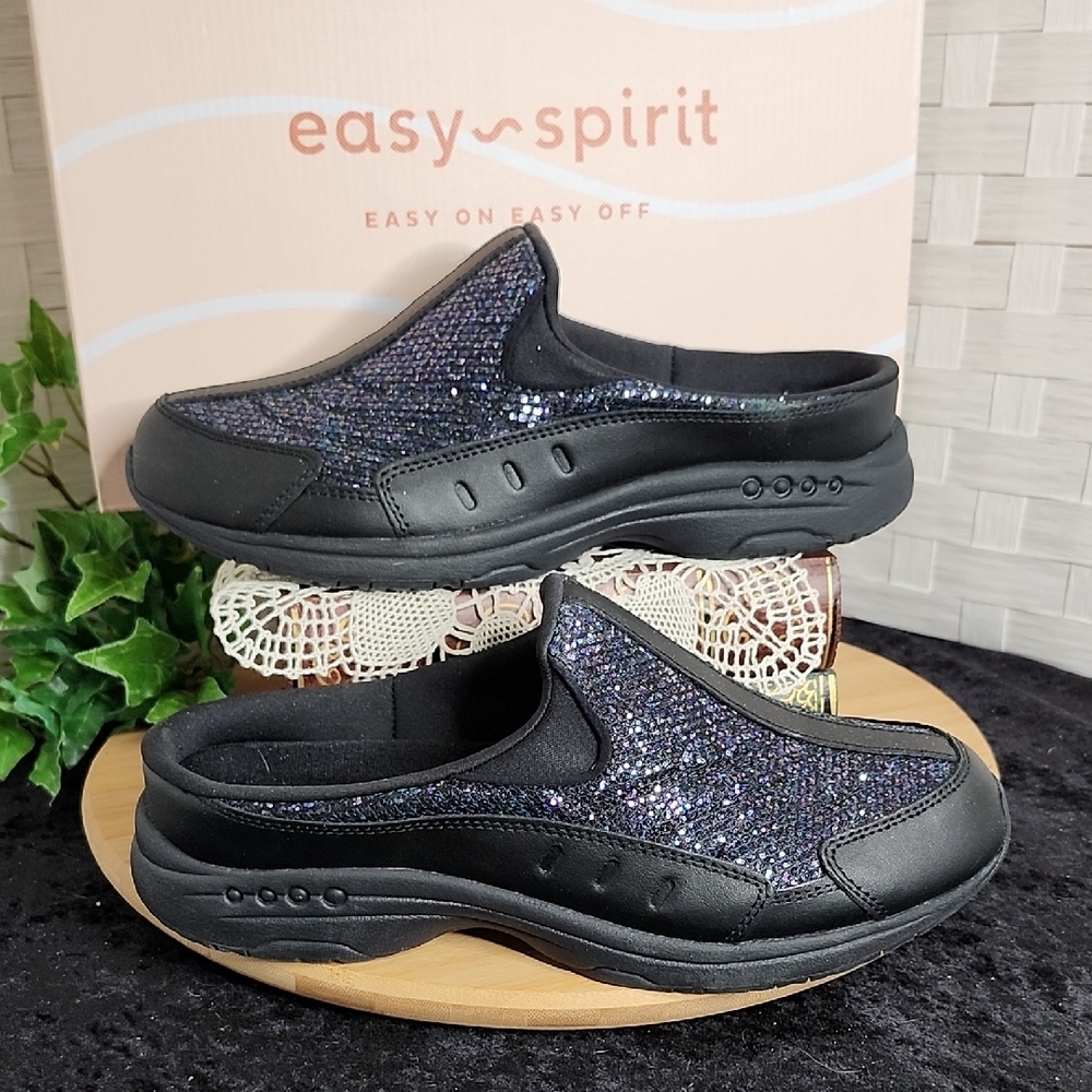 👉EASY SPIRIT WOMEN'S TRAVELTIME BLK GLITTER SNEAKER CLOGS / MULES SHOES ~SIZE 9